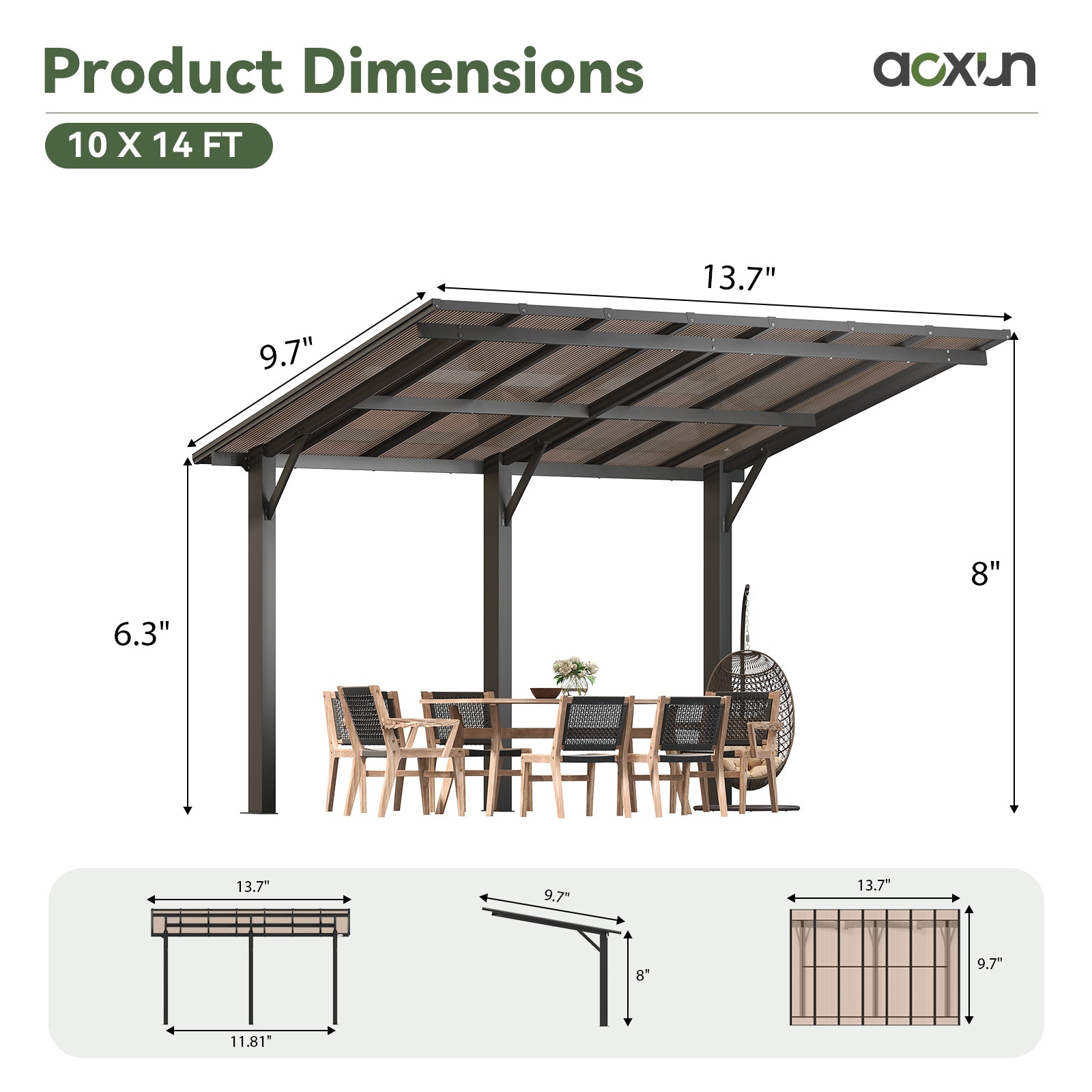 Aoxun 14' x 10' Gazebo, Freestanding Pergola with Roof, Heavy Duty Outdoor Pergolas for Patios, Hard Top Metal Wall-Mounted Pergola, Carport Shelter for Patio, Backyard, Deck, Poolside