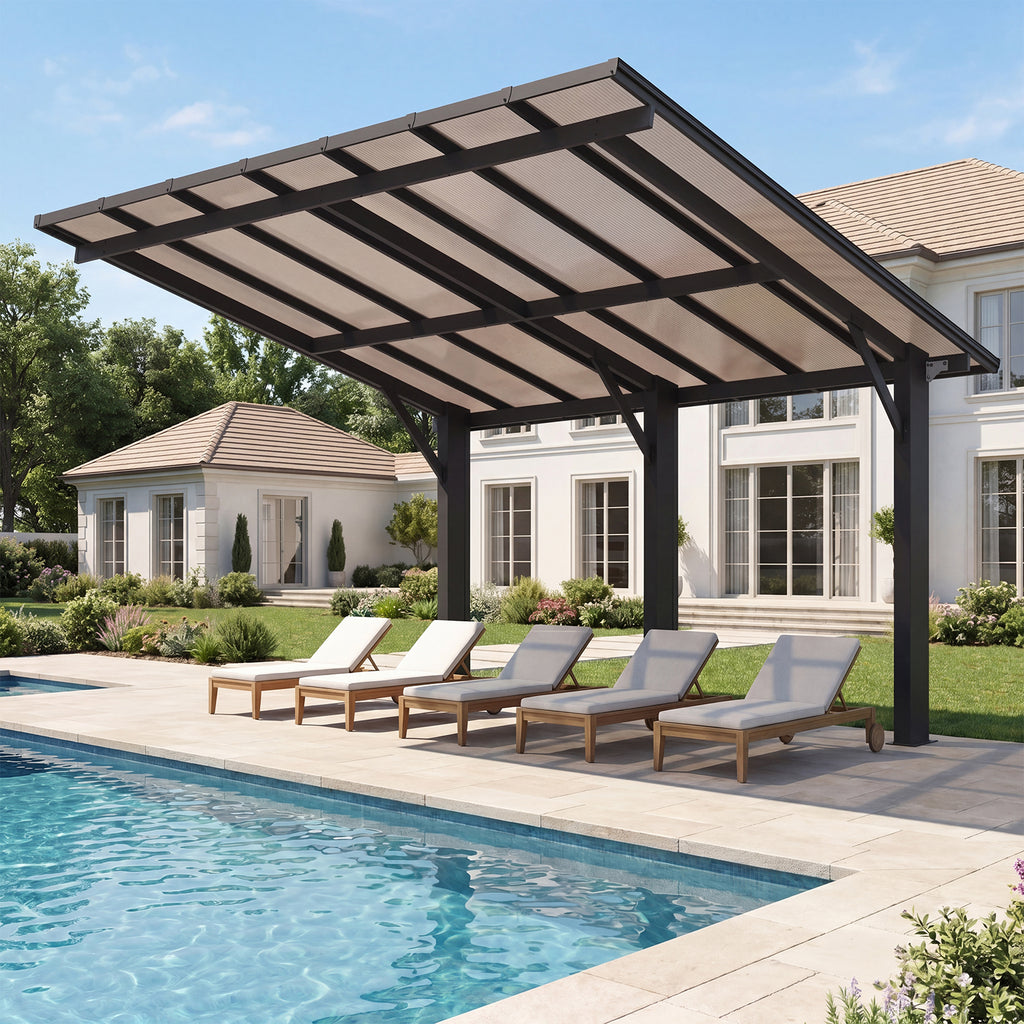 Aoxun 14' x 10' Gazebo, Freestanding Pergola with Roof, Heavy Duty Outdoor Pergolas for Patios, Hard Top Metal Wall-Mounted Pergola, Carport Shelter for Patio, Backyard, Deck, Poolside