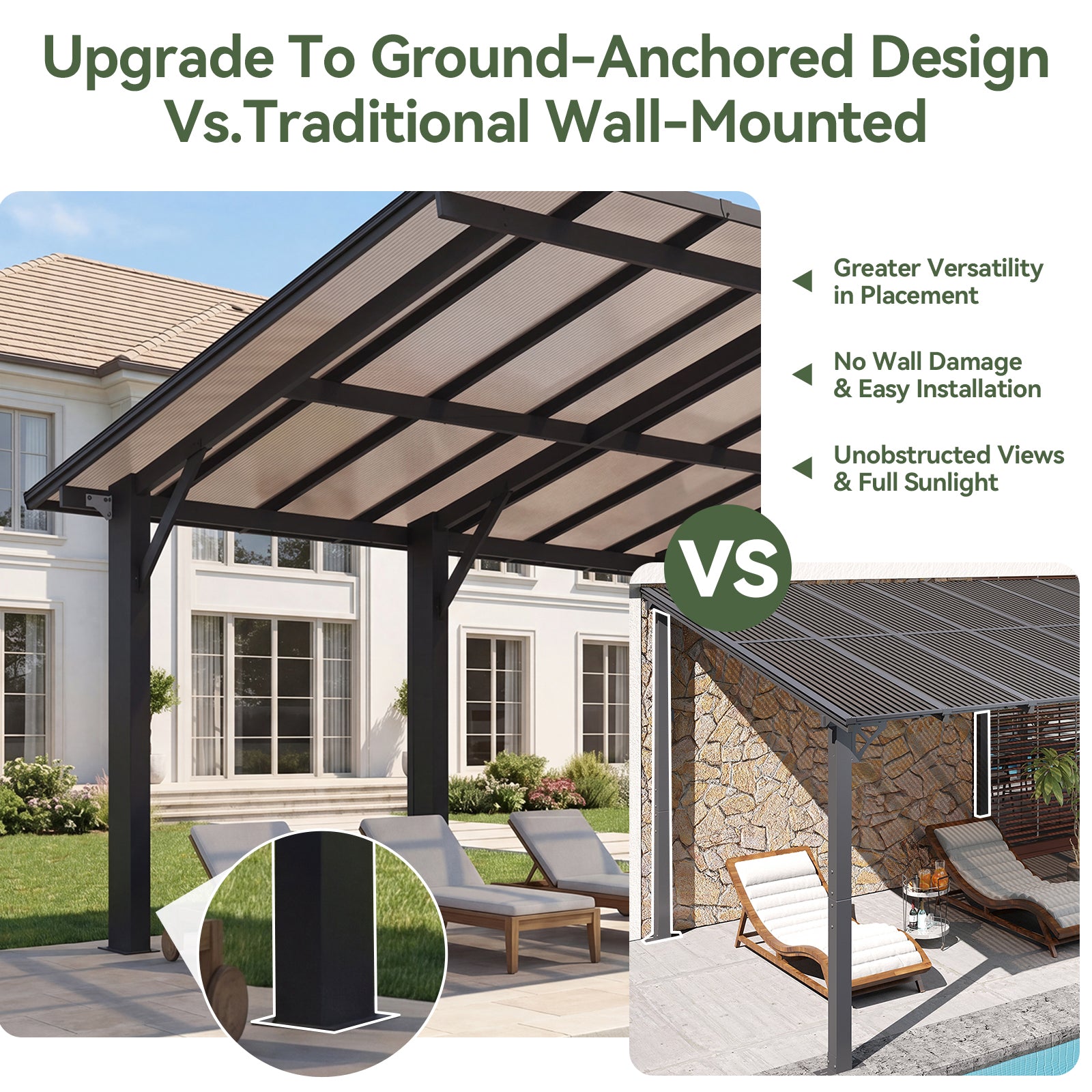 Aoxun 14' x 10' Gazebo, Freestanding Pergola with Roof, Heavy Duty Outdoor Pergolas for Patios, Hard Top Metal Wall-Mounted Pergola, Carport Shelter for Patio, Backyard, Deck, Poolside