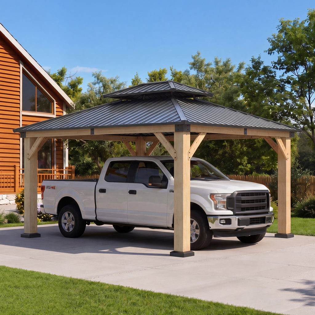 Aoxun 12x14 FT Cedar Wood Carport, Double Galvanized Steel Roof + Outlet, Aoxun 12x14 FT Cedar Wood Carport, Double Galvanized Steel Roof + Outlet