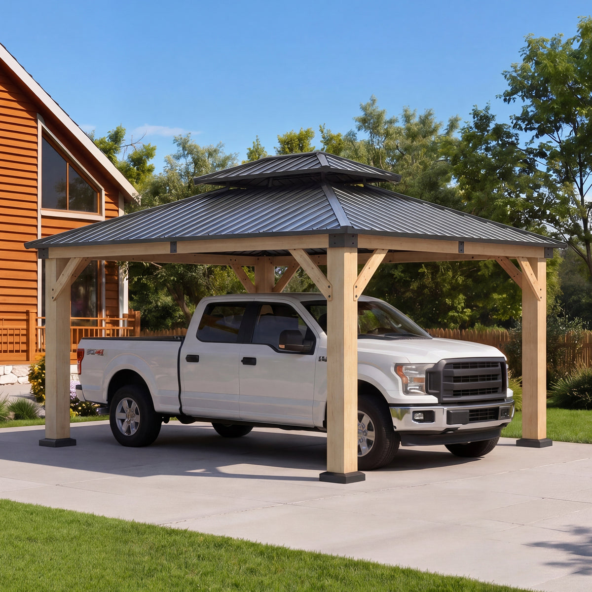 Aoxun 12x14 FT Cedar Wood Carport, Double Galvanized Steel Roof + Outlet, Aoxun 12x14 FT Cedar Wood Carport, Double Galvanized Steel Roof + Outlet