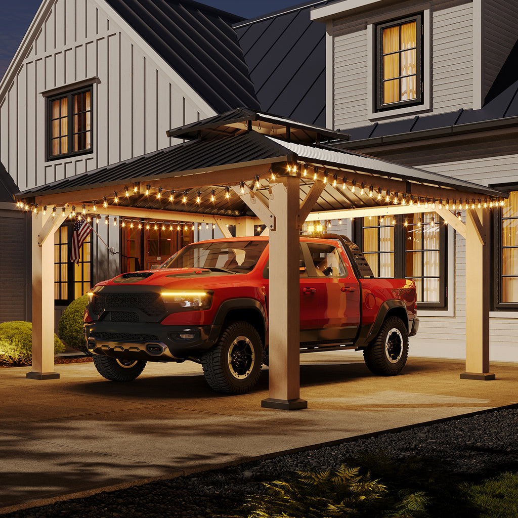 Aoxun 12x14 FT Cedar Wood Carport, Double Galvanized Steel Roof + Light，Outdoor Hardtop Gazeboo | 4.7" x 4.7" Thickened Posts | Cedar Wood | Sturdy Hooks | Sturdy Shelter for Car