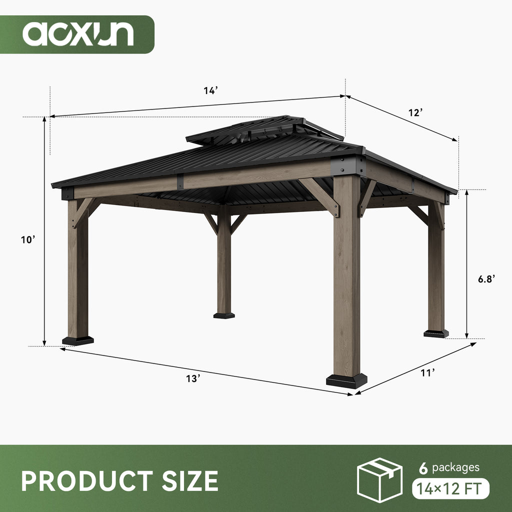 Aoxun 12x14 FT Cedar Wood Carport, Double Galvanized Steel Roof + Outlet, Aoxun 12x14 FT Cedar Wood Carport, Double Galvanized Steel Roof + Outlet