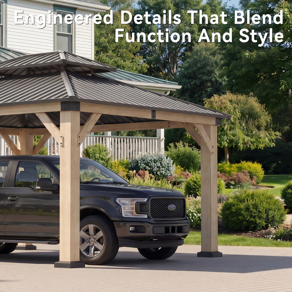 Aoxun 12x14 FT Cedar Wood Carport, Double Galvanized Steel Roof + Outlet, Aoxun 12x14 FT Cedar Wood Carport, Double Galvanized Steel Roof + Outlet