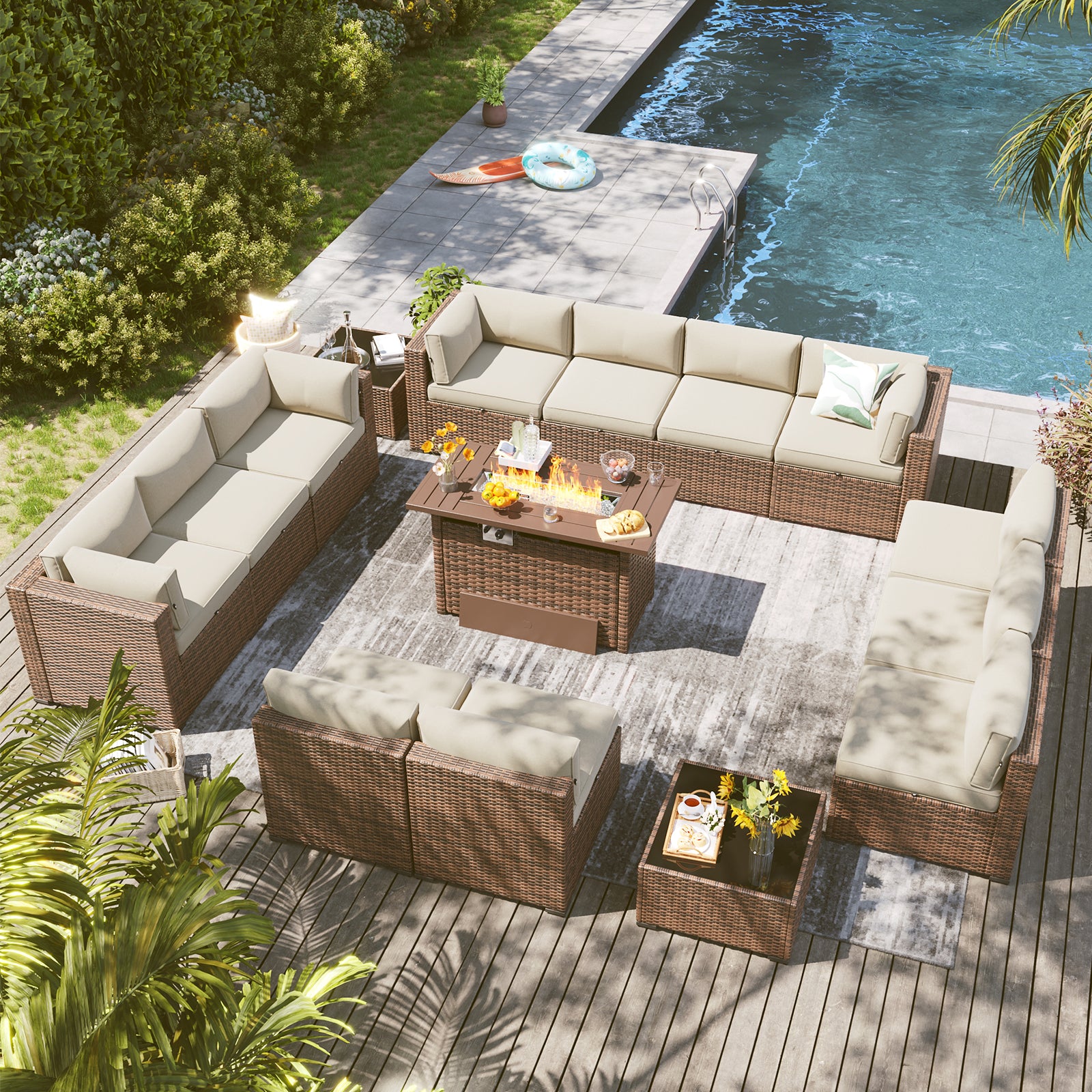LazySunsets 7 Piece Outdoor Patio Furniture Set with Coffee Table, Outdoor Patio Furniture Sets with Waterproof Cover, Wicker Rattan Outdoor Conversation Set for Backyard & Garden, Beige
