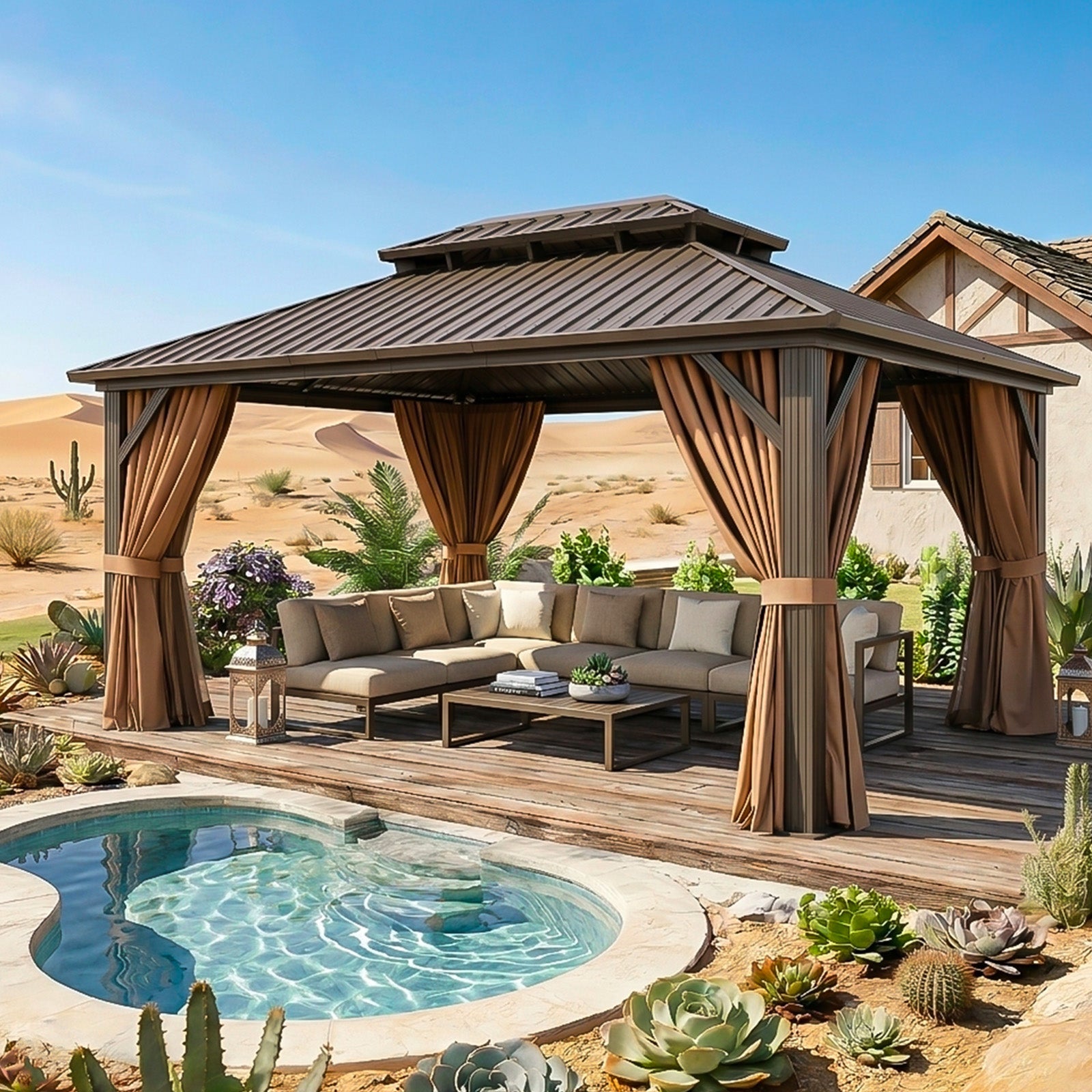 Breezestival Hardtop Gazebo, Metal Frame with Double Galvanized Steel Roof, Permanent Outdoor Pergola with Curtains and Netting Included for Backyard, Patio, Lawn and Garden