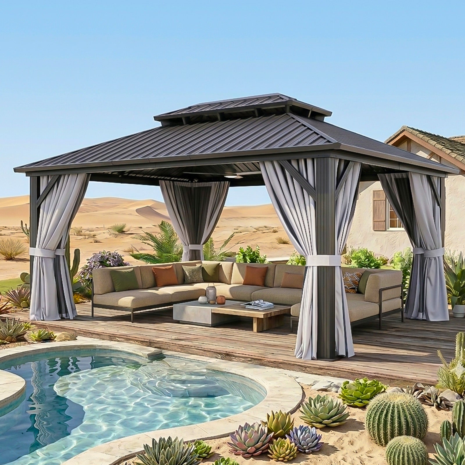 Breezestival Hardtop Gazebo, Metal Frame with Double Galvanized Steel Roof, Permanent Outdoor Pergola with Curtains and Netting Included for Backyard, Patio, Lawn and Garden