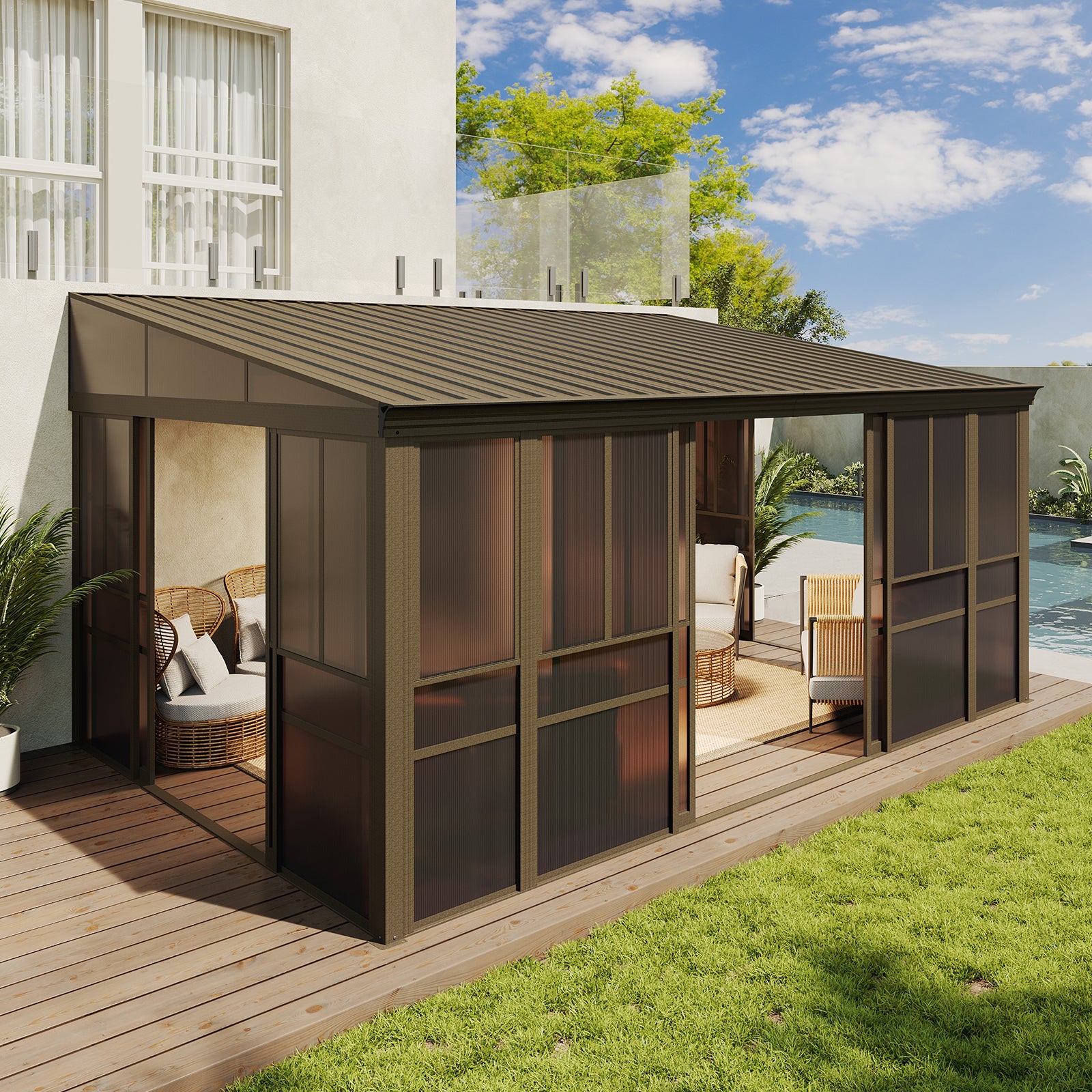 LET'S PATIO 10x12FT Wall Mounted Sunroom, Aluminum Solarium Enclosed Lean to Gazebo with Galvanized Steel Sloping Roof, 2 Sliding Double Doors, PC Windows, Permanent Outdoor Sun Room for Patio, Deck