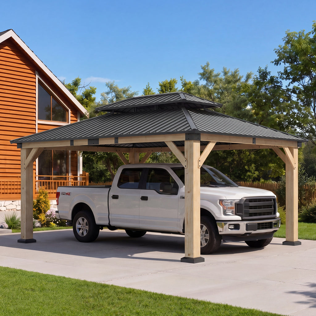 Aoxun 12x16 FT Cedar Wood Carport, Double Galvanized Steel Roof + Light ，Outdoor Hardtop Gazeboo | 4.7" x 4.7" Thickened Posts | Cedar Wood | Sturdy Hooks | Sturdy Shelter for 2 Cars