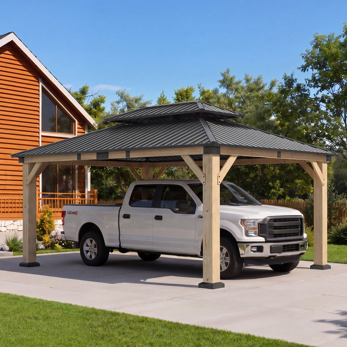Aoxun 12x16 FT Cedar Wood Carport, Double Galvanized Steel Roof + Light ，Outdoor Hardtop Gazeboo | 4.7" x 4.7" Thickened Posts | Cedar Wood | Sturdy Hooks | Sturdy Shelter for 2 Cars