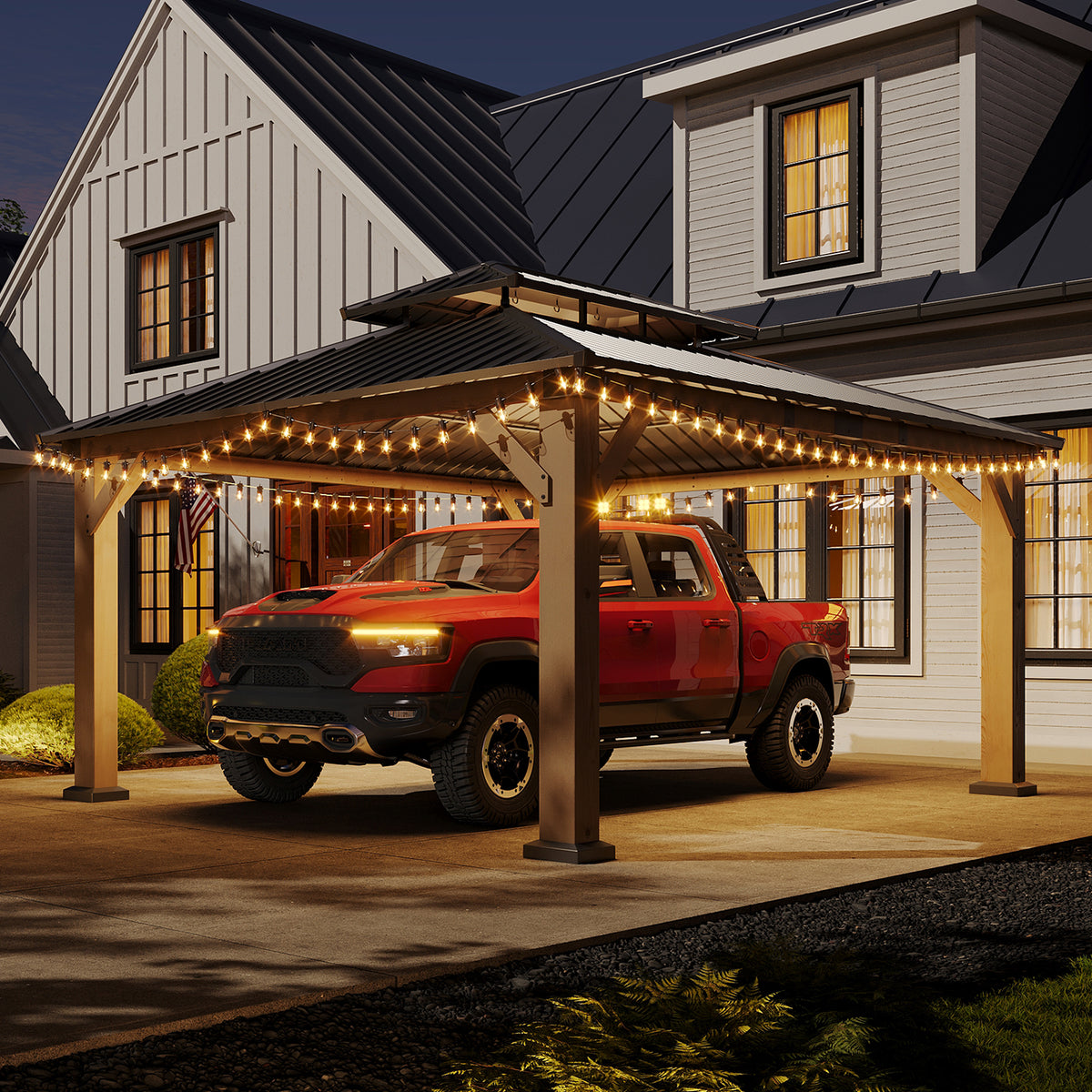 Aoxun 12x16 FT Cedar Wood Carport, Double Galvanized Steel Roof + Outlet, Outdoor Hardtop Gazeboo | 4.7" x 4.7" Thickened Posts | Cedar Wood | Sturdy Hooks | Sturdy Shelter for 2 Cars