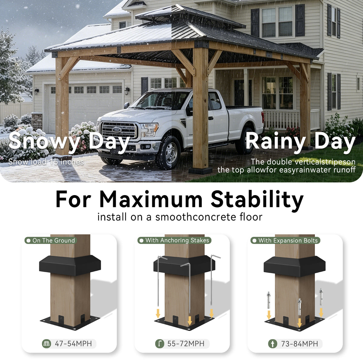 Aoxun 12x16 FT Cedar Wood Carport, Double Galvanized Steel Roof + Outlet, Outdoor Hardtop Gazeboo | 4.7" x 4.7" Thickened Posts | Cedar Wood | Sturdy Hooks | Sturdy Shelter for 2 Cars