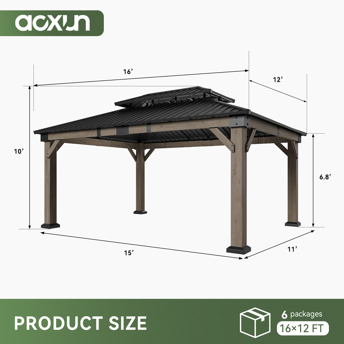 Aoxun 12x16 FT Cedar Wood Carport, Double Galvanized Steel Roof + Outlet, Outdoor Hardtop Gazeboo | 4.7" x 4.7" Thickened Posts | Cedar Wood | Sturdy Hooks | Sturdy Shelter for 2 Cars