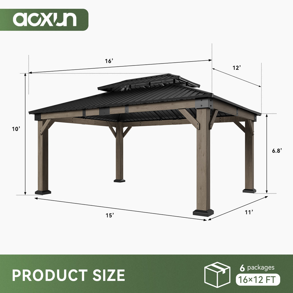 Aoxun 12x16 FT Cedar Wood Carport, Double Galvanized Steel Roof + Light ，Outdoor Hardtop Gazeboo | 4.7" x 4.7" Thickened Posts | Cedar Wood | Sturdy Hooks | Sturdy Shelter for 2 Cars