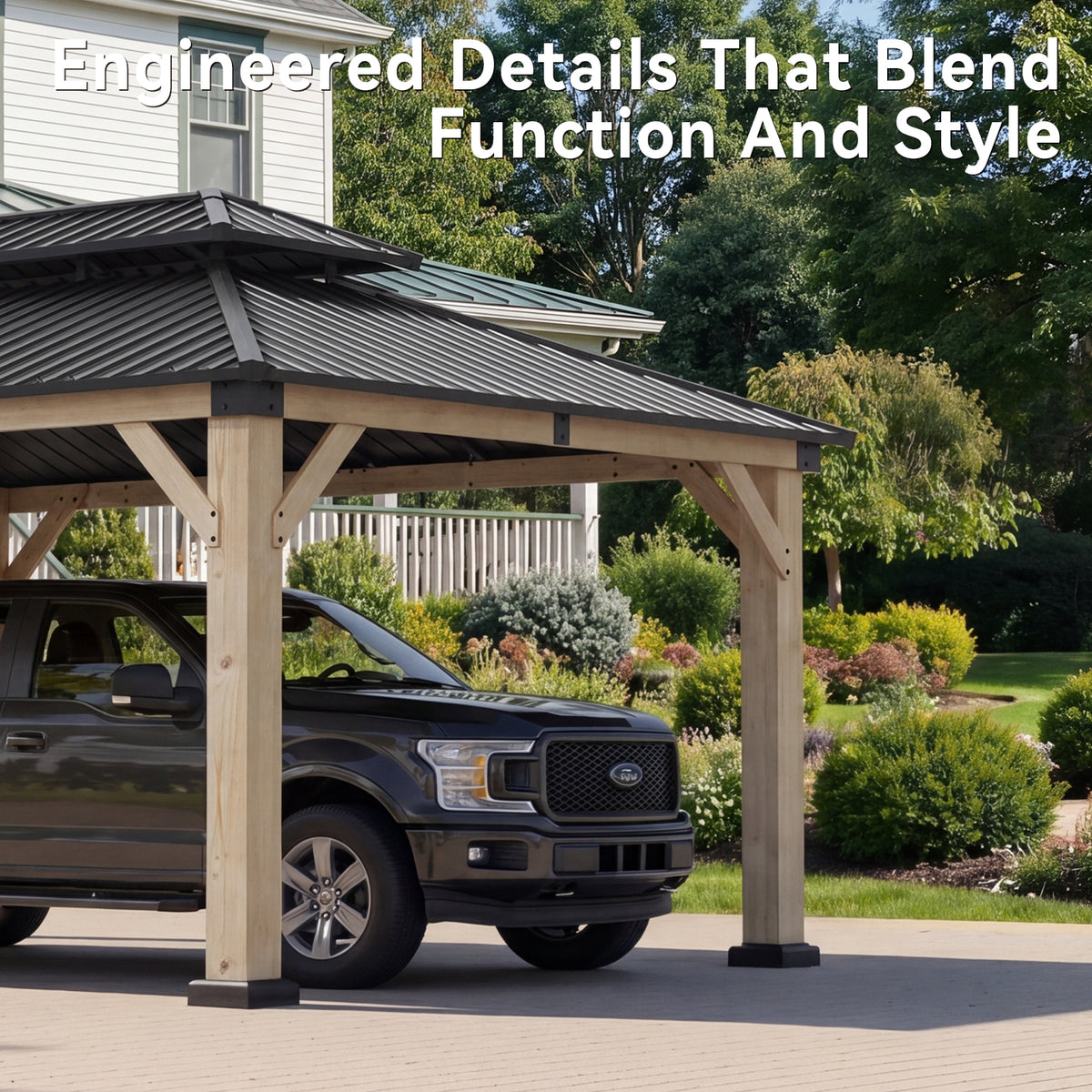 Aoxun 12x16 FT Cedar Wood Carport, Double Galvanized Steel Roof + Outlet, Outdoor Hardtop Gazeboo | 4.7" x 4.7" Thickened Posts | Cedar Wood | Sturdy Hooks | Sturdy Shelter for 2 Cars