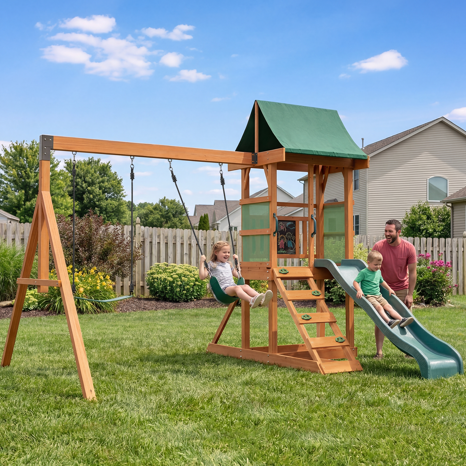 Binplax Wooden Swing Sets for Backyard,Outdoor Playset, Kids Playground Set with 6 FT Wave Slide, Rock Wall Ladder, 2 Belt Swings, Chalkboard, Canopy Roof, Green