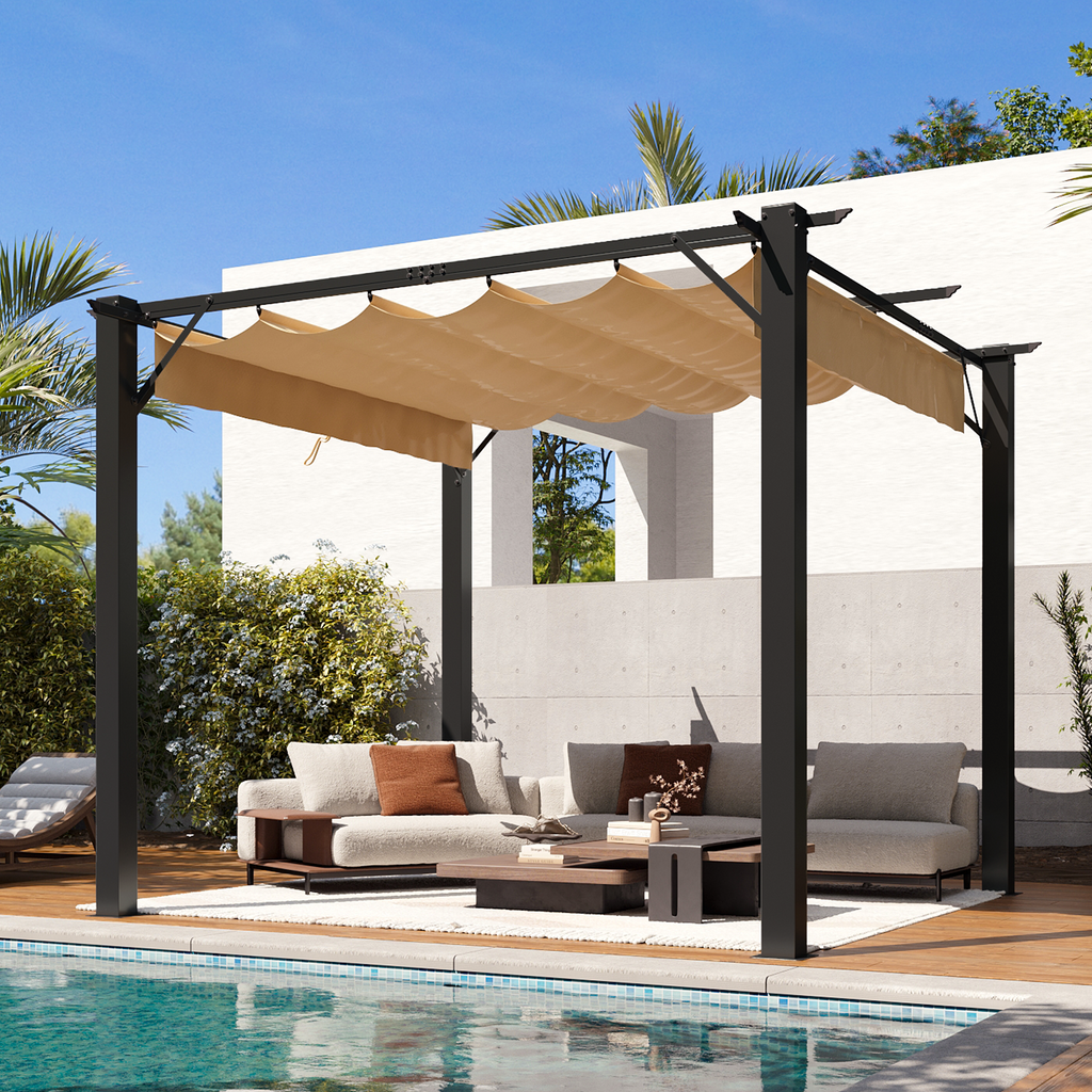 Aoxun 10x10 Retractable Pergola, Outdoor Adjustable Canopy for Patio Sliding Adjustable Canopy | Powder-Coated Alloy Frame | 6 Reinforced Beams | Magnetic Canopy Lock | UV & Water Resistant