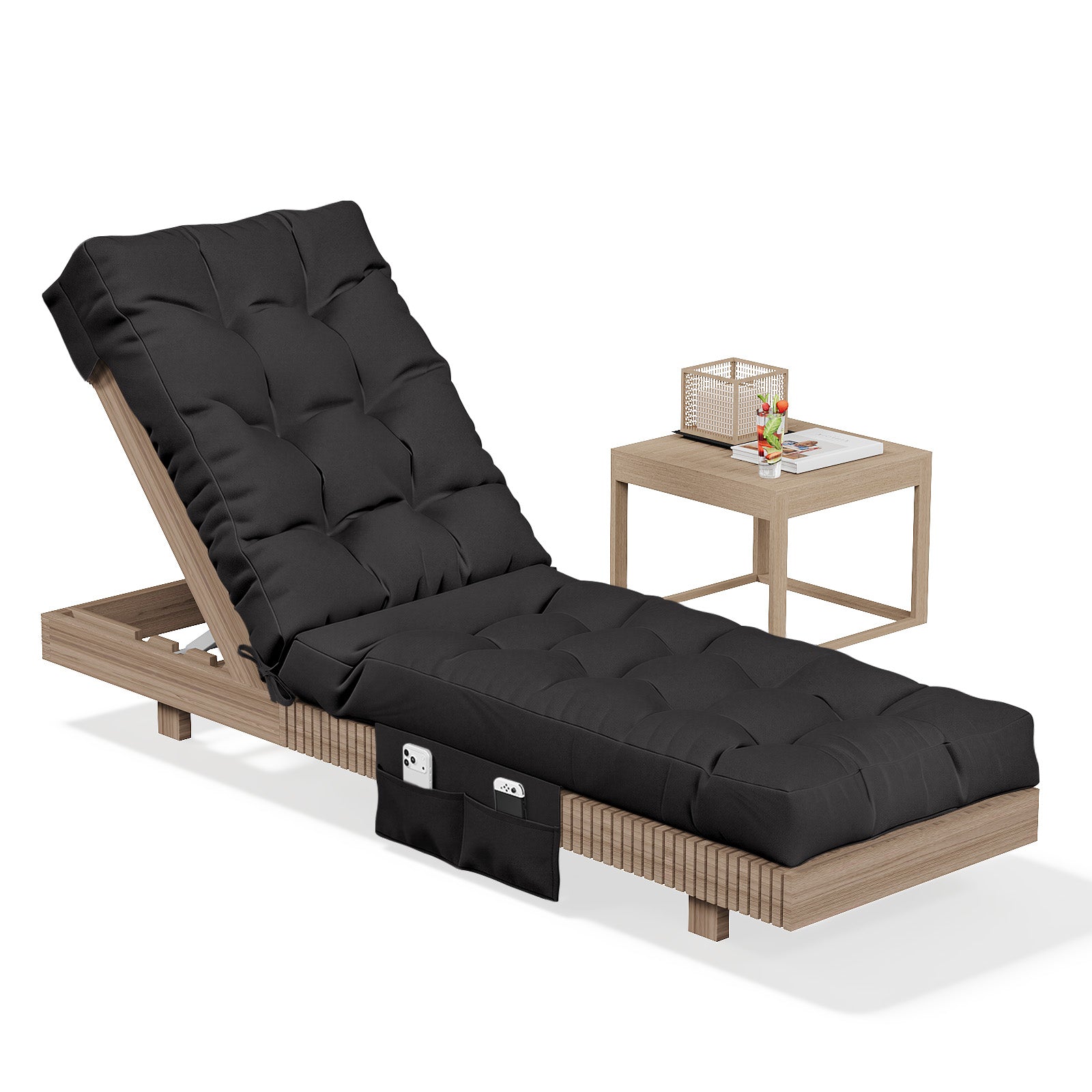 Aoxun Outdoor Chaise Lounge Cushions with Storage Pocket, Waterproof Replacement Patio Lounge Chair Cushion with Ties, Thick Pool Lounger Chair Cushions for Outdoor Furniture