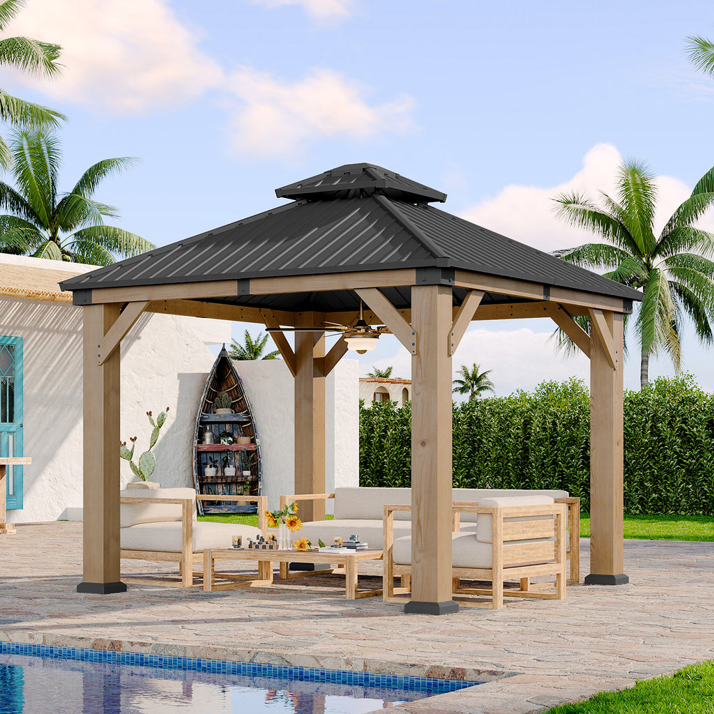 LET’S PATIO  Outdoor Double Roof Wood Gazebo, Hardtop Gazebo Permanent Wooden Pavilion with Galvanized Steel Double Top, for Patio, Garden, Deck