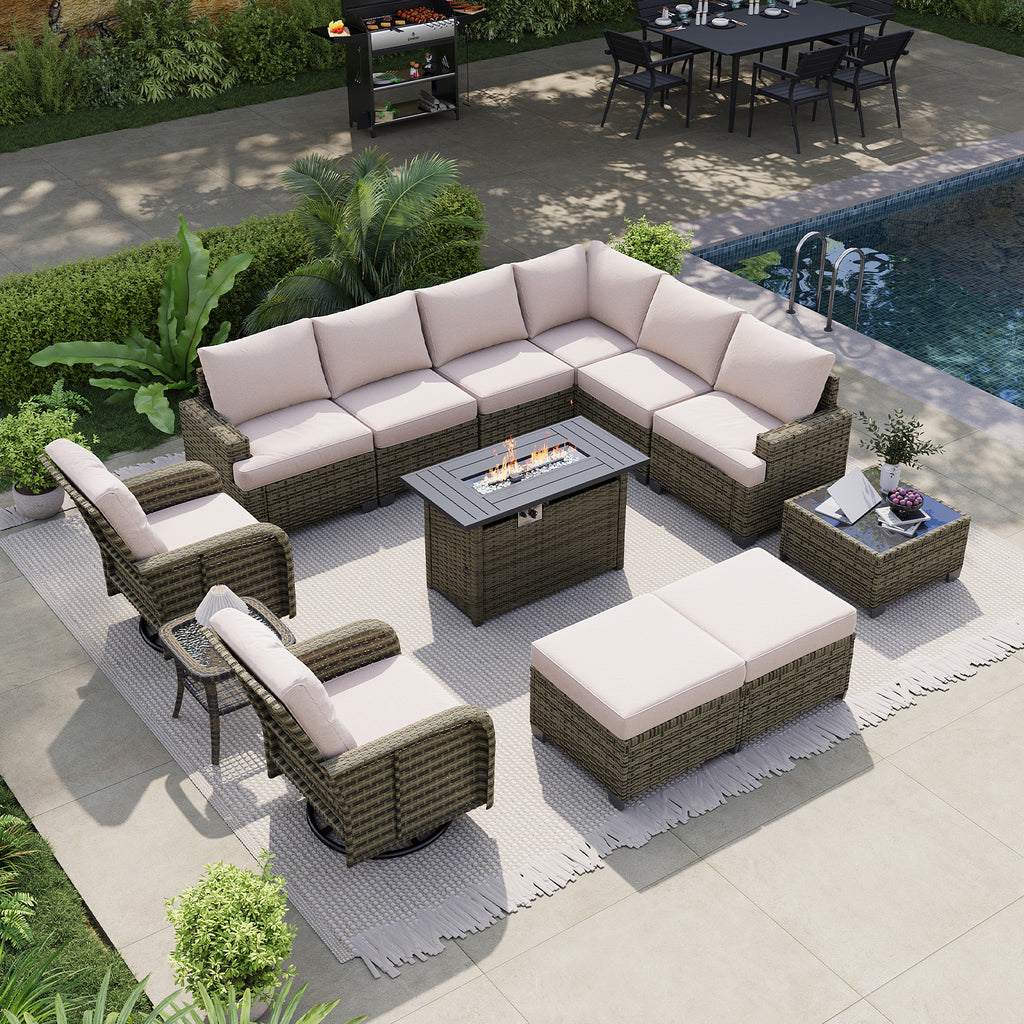 LET'S PATIO Luxury Patio Furniture Set with Fire Pit Table，13 Piece Outdoor Furniture Sectional Set with Swivel Rocker Chairs of 2，All-Weather Patio Sectional Sofas with Thickened Cushions, Beige