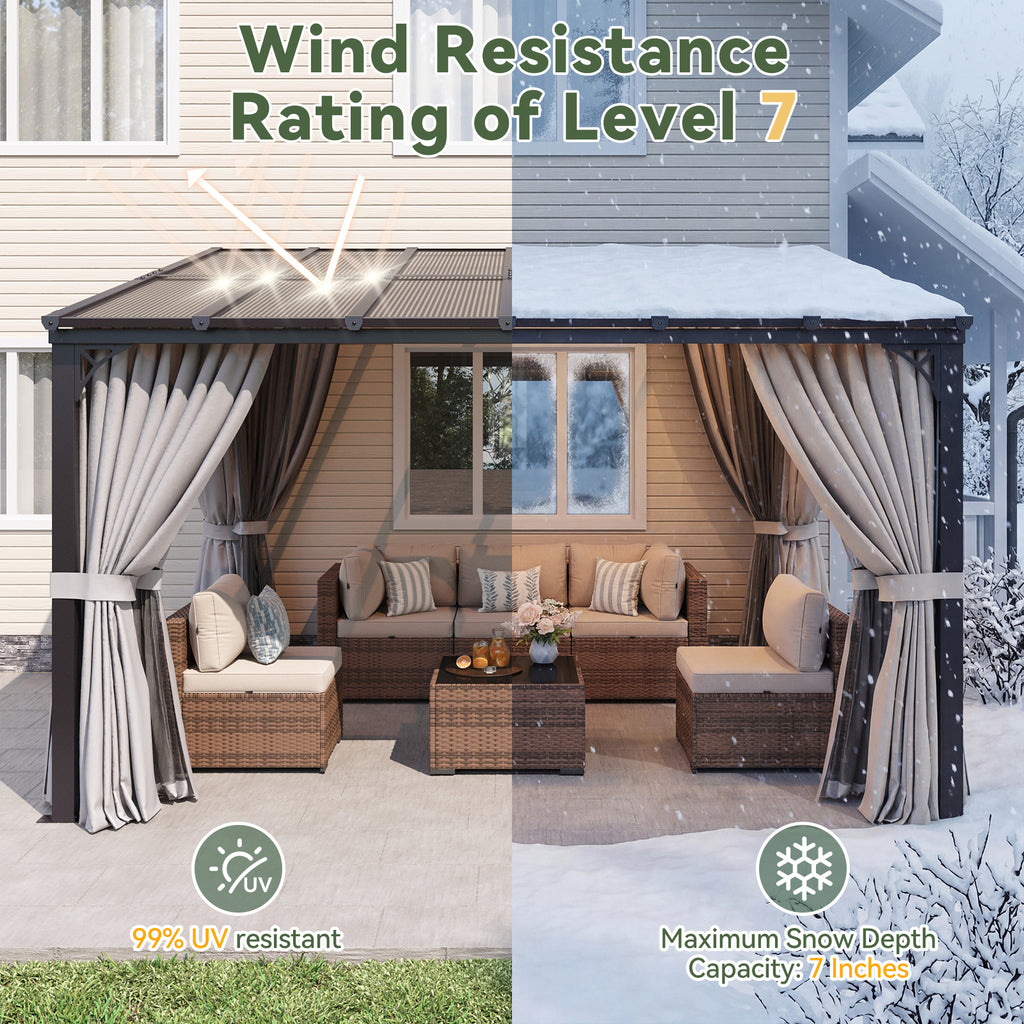 Aoxun 10'x12' Lean to Gazebo with Mosquito Net and Curtains, Aluminum Frame, Polycarbonate Panel, Wall Mounted Pergola with Sloped Roof for Backyard, Porch, Deck, Gray