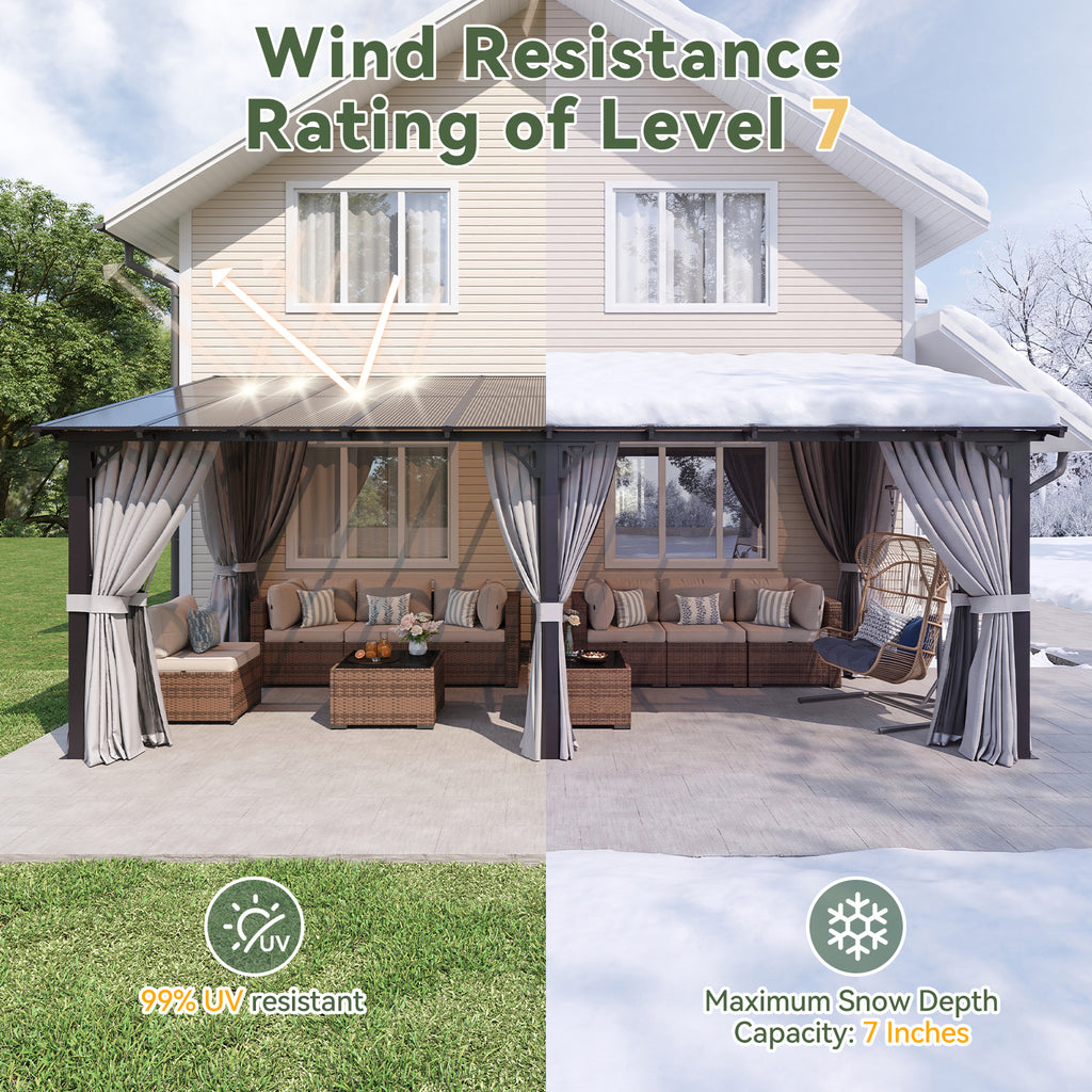 Aoxun 10'x20' Lean to Gazebo with Mosquito Net and Curtains, Aluminum Frame, Polycarbonate Panel, Wall Mounted Pergola with Sloped Roof for Backyard, Porch, Deck, Gray