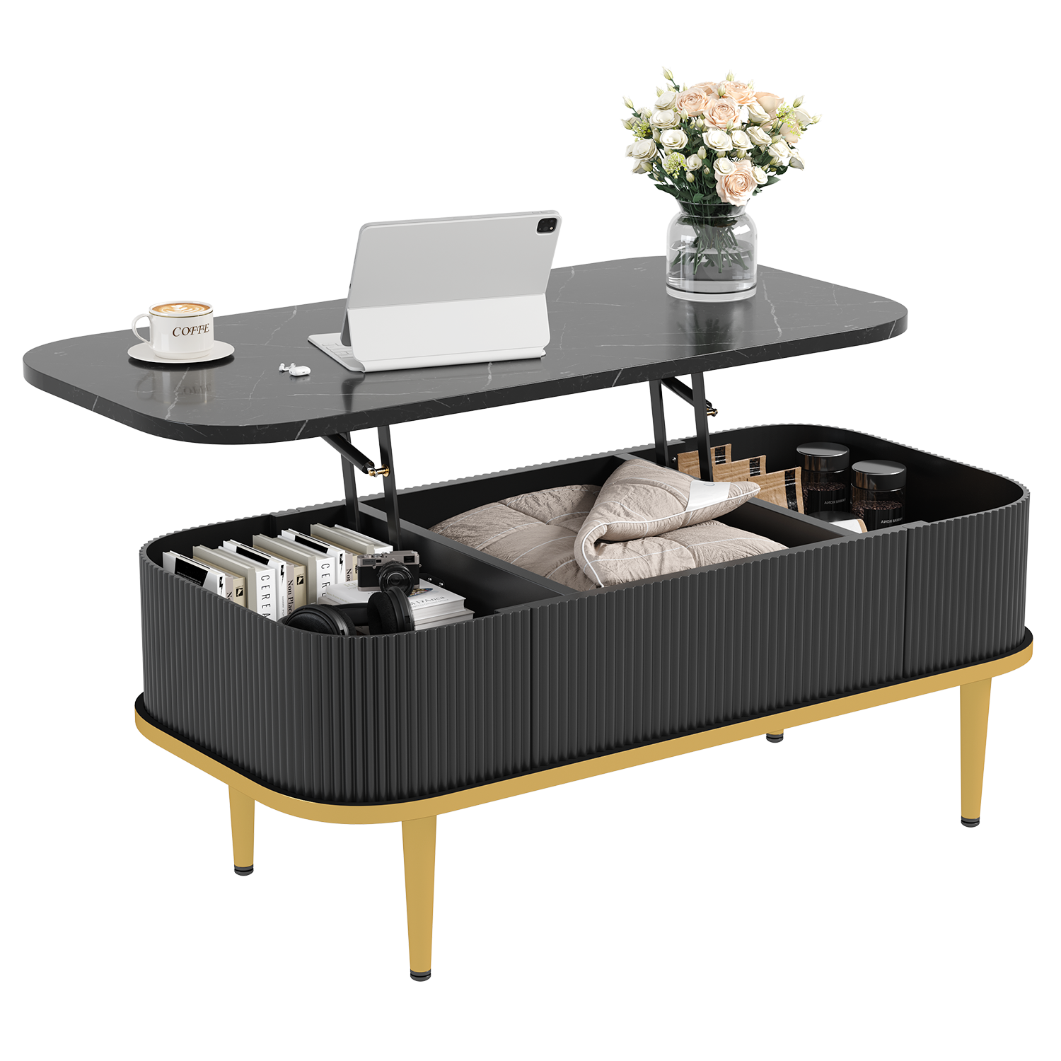 Rectangle Coffee Tables for Living Room,Modern Fluted Coffee Table with Storage, Small Coffee Table, Oval Center Table with Faux Marble Flip-Top