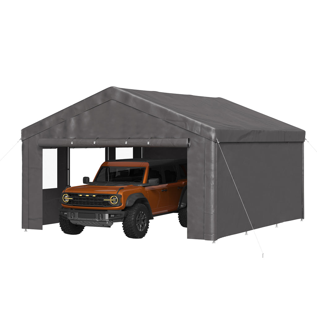 Aoxun Carport 12X20 ft Heavy Duty Carport with Roll-up Windows, Portable Garage Car Canopy with Removable Sidewalls & Doors for Car, Truck, SUV, Boat, Grey