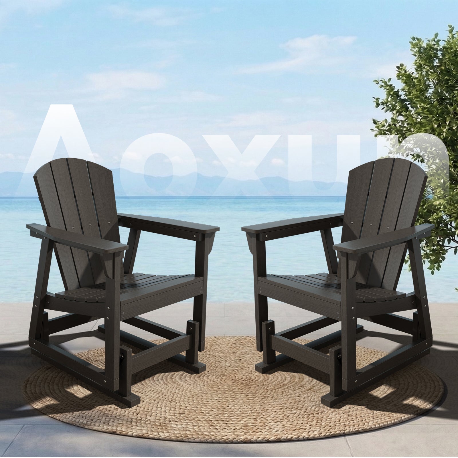 Aoxun Adirondack Outdoor Rocking Chair, HDPE Wood-Like Patio Rocking Chairs with Wide Seat, Porch Glider Chair for Outside, Garden, Lawn