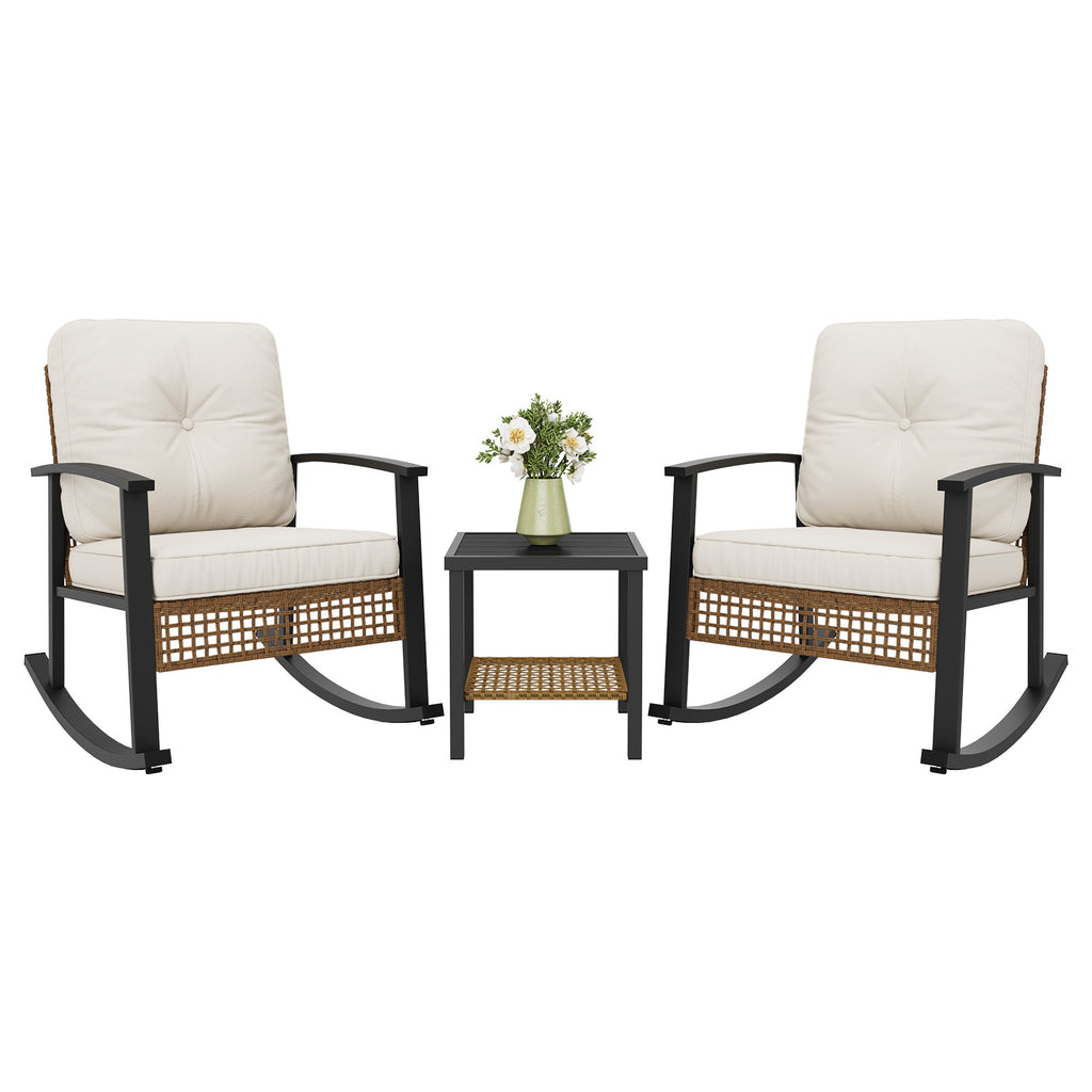 Aoxun 3 Piece Outdoor Rocking Chairs Bistro Set, Rattan Patio Furniture with Thick Cushions & 2-Tier Coffee Table, Patio Rocking Chairs Set of 2 for Garden, Porch
