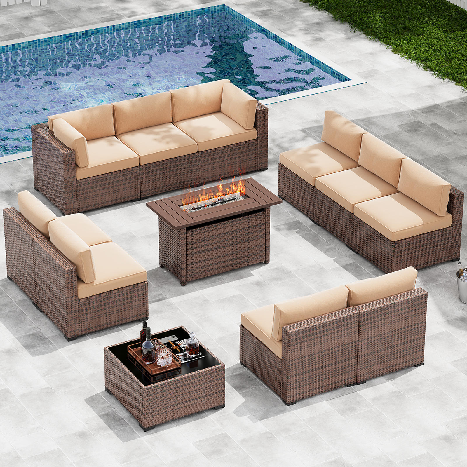 LazySunsets 7-Piece Patio Furniture Set, Wicker Rattan Outdoor Furniture with Thick Cushions, Patio Conversation Sets with Coffee Table, Outdoor Sectional Couch Sofa