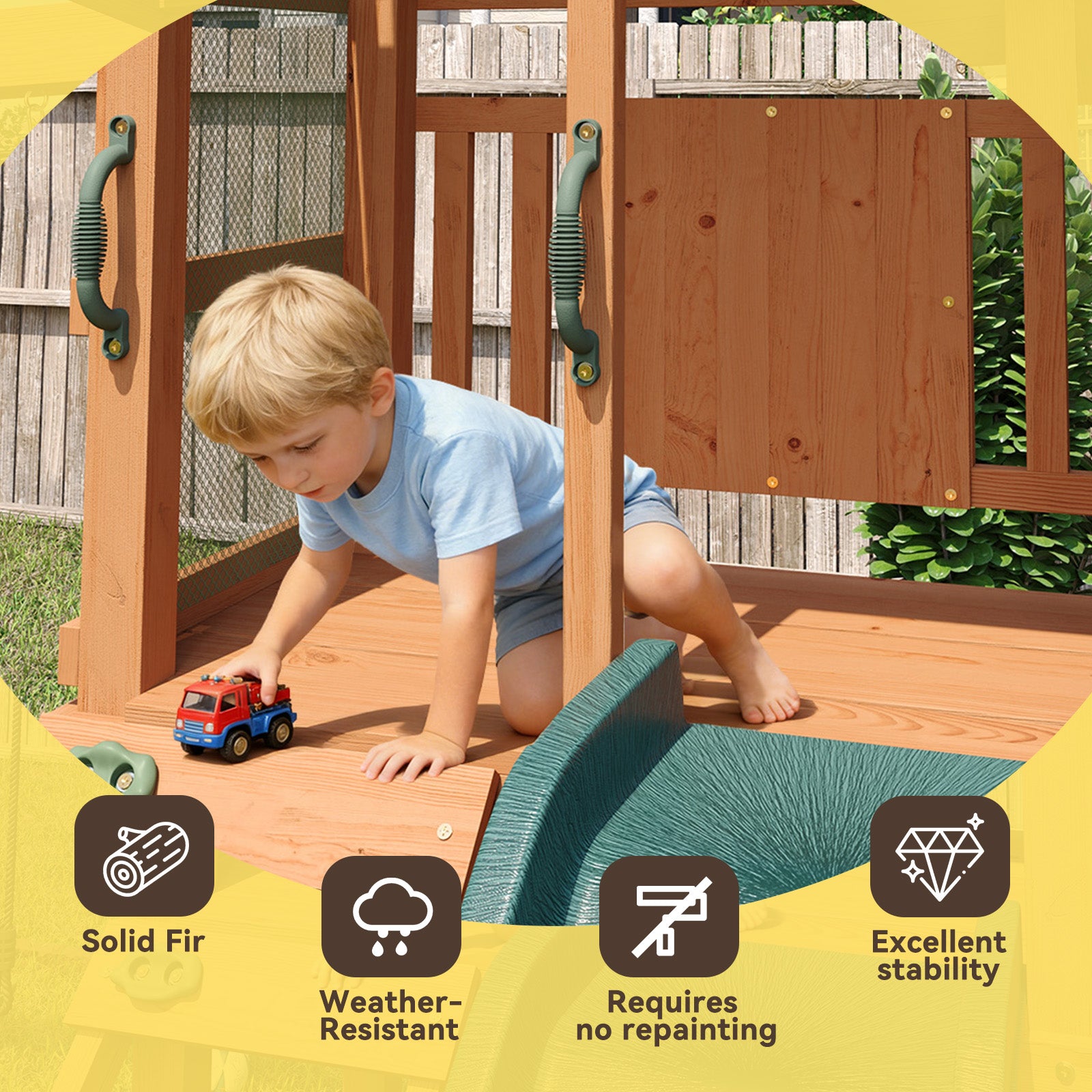SunSwell Wood Swing Sets for Backyard - Playground Sets for Backyards, Outdoor Playset with Wave Slide, Play Deck, Rock Wall Ladder, Belt Swings, Chalkboard, Canopy Roof