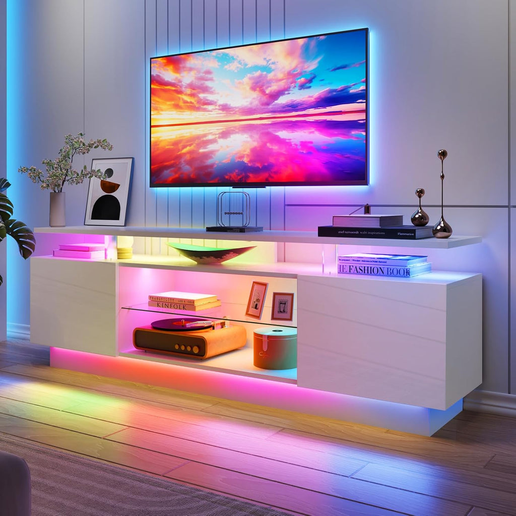 Nordivale 70” High-Glossy TV Stand with 2 Side Cabinets, Modern Stylish TV Console with 3 Layer LED Lights,Gaming TV Media Console with Adjustable Glass Shelf, Remote&APP Control, White
