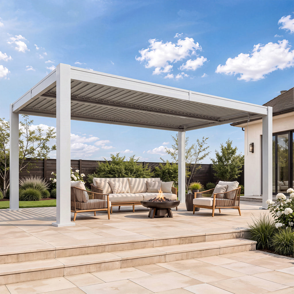 Aoxun Louvered Pergola 10x16, White Outdoor Pergola for Patio，0-90° Dual-Zone Louvers | Hidden Drainage System | Galvanized Steel Frame | 63.5 MPH Wind Rated | 3.8" Thick Posts