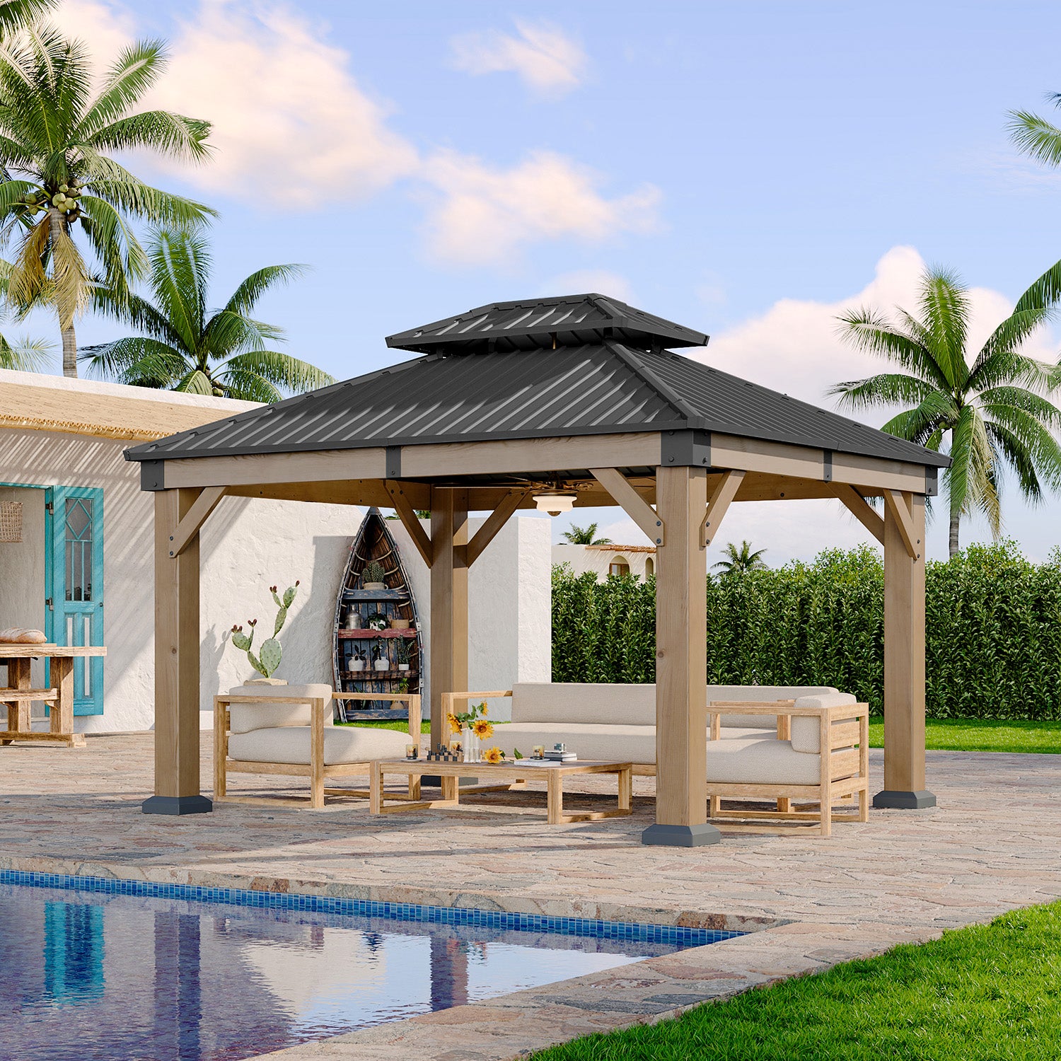 LET’S PATIO  Outdoor Double Roof Wood Gazebo, Hardtop Gazebo Permanent Wooden Pavilion with Galvanized Steel Double Top, for Patio, Garden, Deck