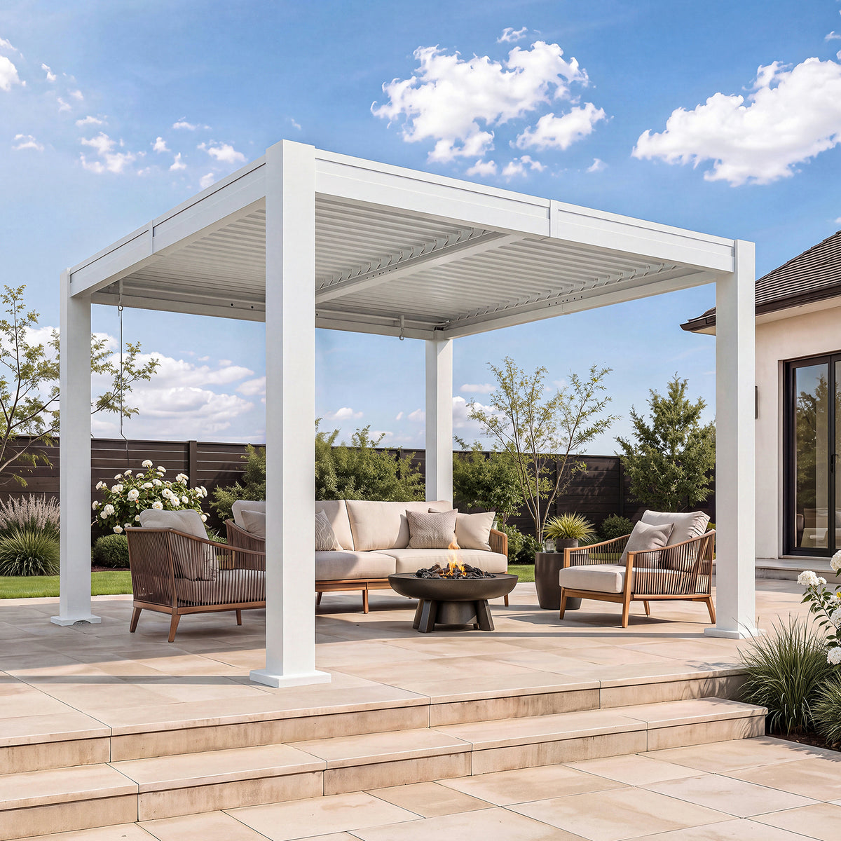 Aoxun Louvered Pergola 10x10, White Outdoor Pergola for Patio，0-90° Dual-Zone Louvers | Hidden Drainage System | Galvanized Steel Frame | 63.5 MPH Wind Rated | 3.8" Thick Posts