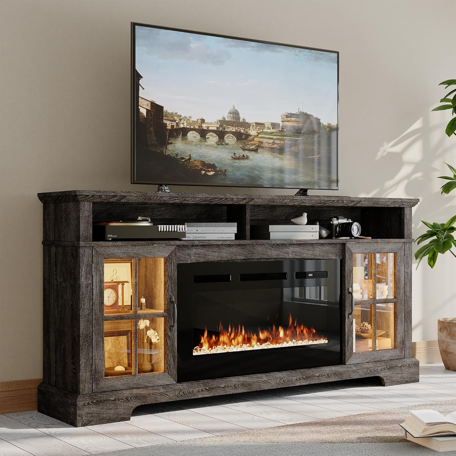 Nordivale 70" Fireplace TV Stand, Modern Entertainment Center for TVs Up to 80”, TV Console with Storage Cabinets, Media Console for Living Room, Gray...