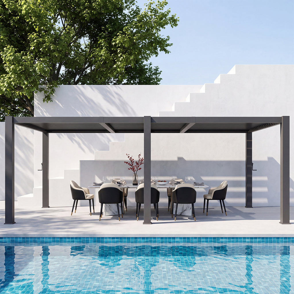 Aoxun Louvered Pergola 10x20, 3.8" x 3.8" Thickened Posts, Power Outlet With Adjustable Roofs, Built-in Drainage System and Patented Easy-Assembly Design for Patios, Backyards and Gardens, Gray
