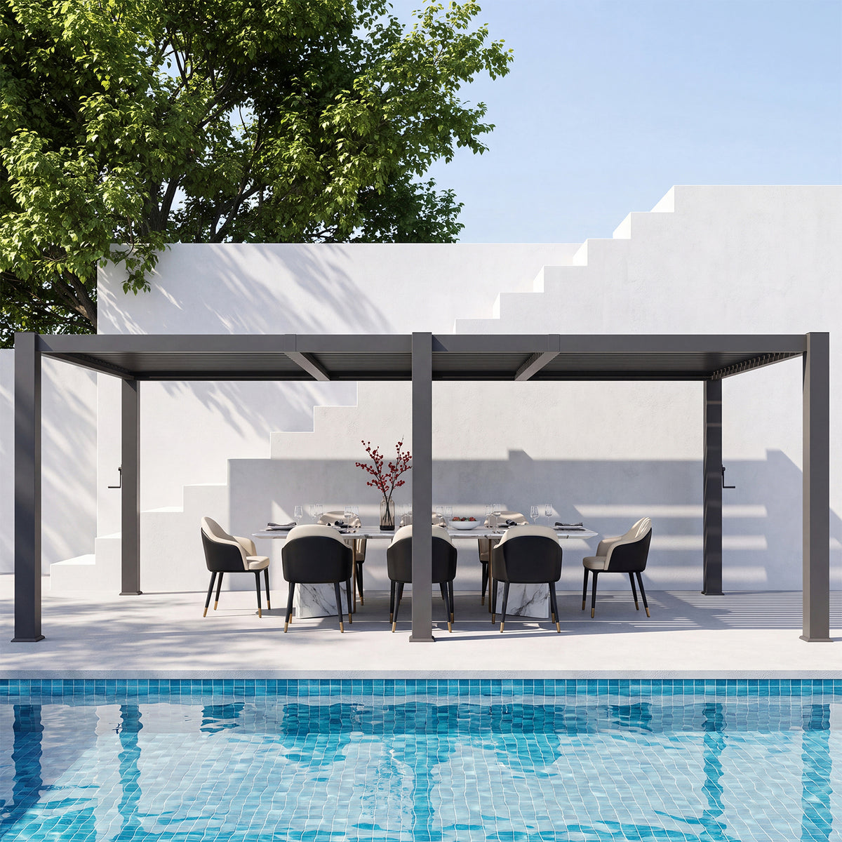 Aoxun Louvered Pergola 10x20, 3.8" x 3.8" Thickened Posts, Power Outlet With Adjustable Roofs, Built-in Drainage System and Patented Easy-Assembly Design for Patios, Backyards and Gardens, Gray