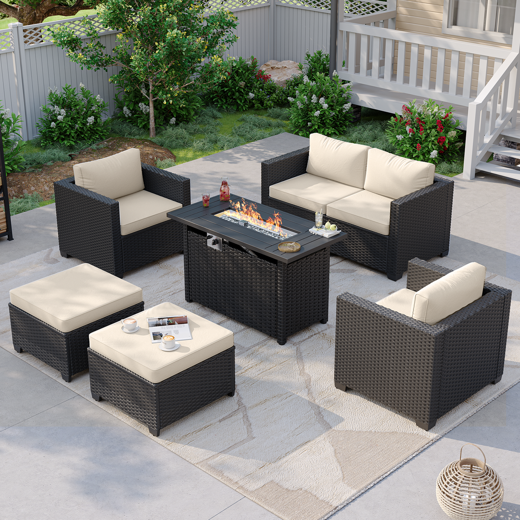 Aoxun Patio Furniture Set with Fire Pit Table, 6 Seats Outdoor Furniture Set with Wicker Ottomans, Rattan Outdoor Sectional Sofa with Thickened Cushion & Waterproof Cover Navy Blue