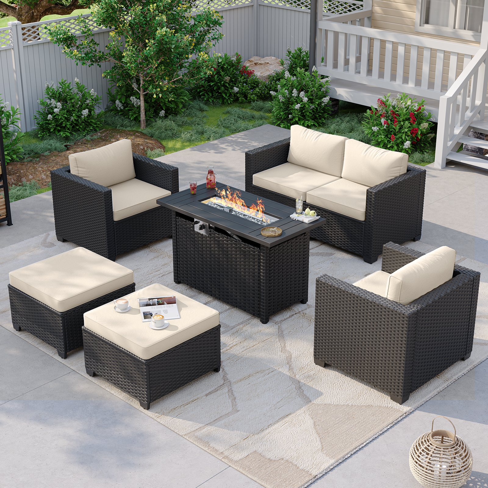 Aoxun Patio Furniture Set with Fire Pit Table, 6 Seats Outdoor Furniture Set with Wicker Ottomans, Rattan Outdoor Sectional Sofa with Thickened Cushion & Waterproof Cover Navy Blue