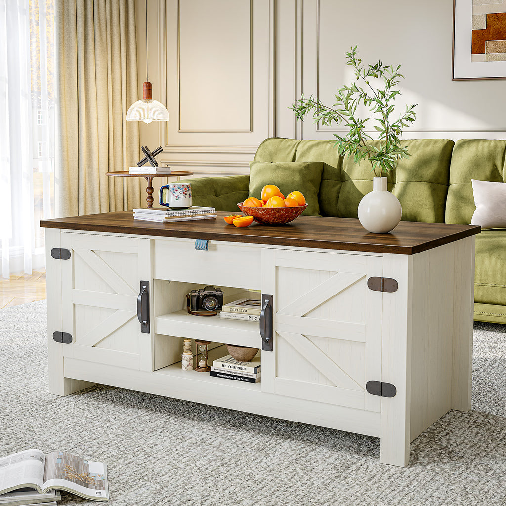 Breezestival Farmhouse Lift Top Coffee Table with Barn Door, 48" Rustic Center Table with Hidden Storage Compartment, Lifting Tabletop and Adjustable Shelf for Living Room, Office, White