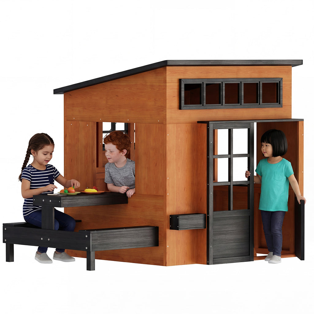 Outdoor Playhouse - Modern Fir Wooden Playhouse for Kids Outdoor with Play Kitchen, Outside Table, Chalkboard, Half Door, Windows, Flower Box, Indoor Outdoor Imaginative Play for Ages 3-8,