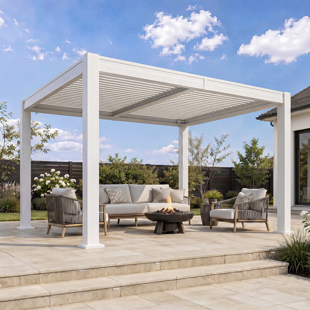 LazySunsets Louvered Pergola 10x12, Outdoor Pergola with Adjustable Louvers Outdoor Gazebo with 2 Independent Adjustable Roofs, Integrated Drainage System for Patios, Deck & Backyard, White