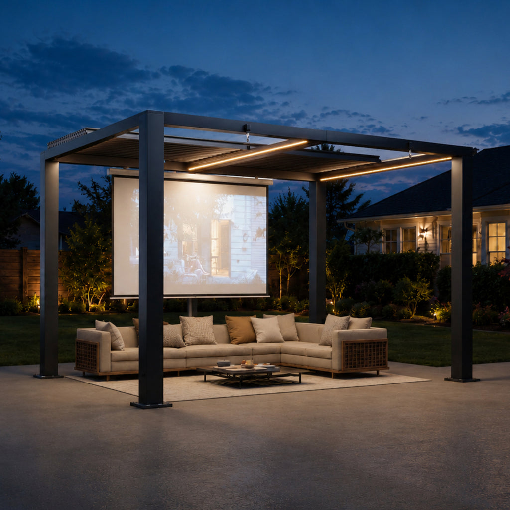 Aoxun Motorized Louvered Pergola 9'x12' with LED Lights & Power Outlet 90MPH Wind Resistance, Outdoor Pergola with 2 Independent Adjustable Roofs, Rust-Resistant Frame for Patio & Backyard