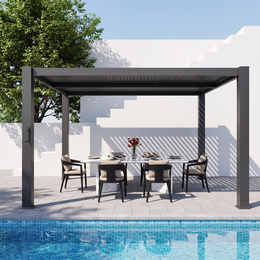 Aoxun Louvered Pergola 10x12, 3.8"x3.8" Thickened Posts with String Lights