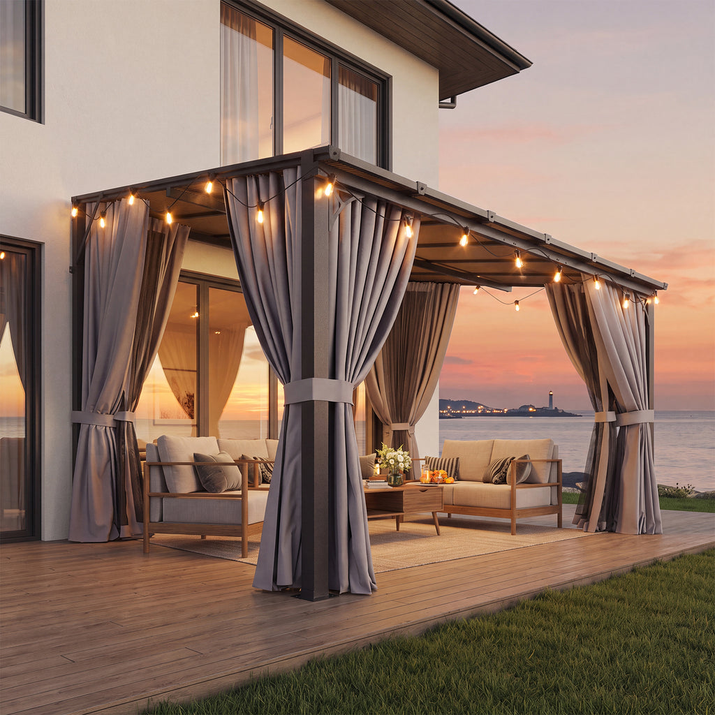 Aoxun 10'x12' Lean to Gazebo with Mosquito Net and Curtains, Aluminum Frame, Polycarbonate Panel, Wall Mounted Pergola with Sloped Roof for Backyard, Porch, Deck, Gray