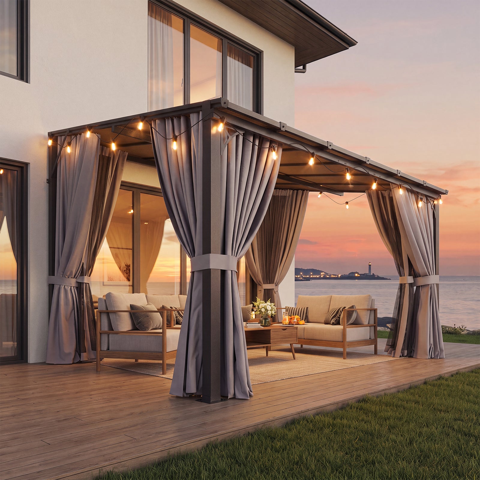 Aoxun 10'x12' Lean to Gazebo with Mosquito Net and Curtains, Aluminum Frame, Polycarbonate Panel, Wall Mounted Pergola with Sloped Roof for Backyard, Porch, Deck, Gray