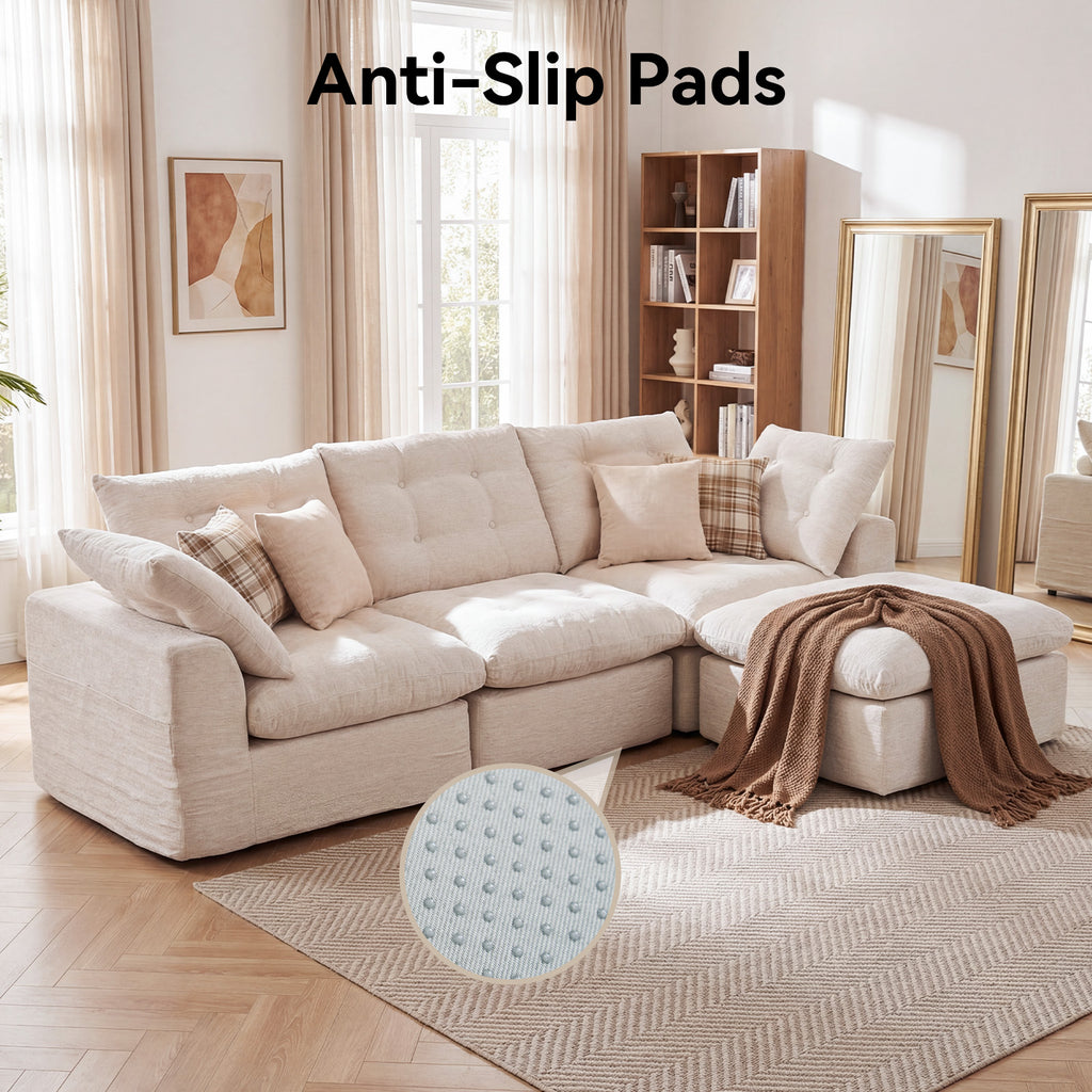 Nordivale 112" Boneless Couch Chenille Cloud Couch Oversized Modular Sectional Sofa with Storage Pockets for Living Room, Bedroom, No Assembly Required, L-shape with Ottoman+3 Seater (Beige)