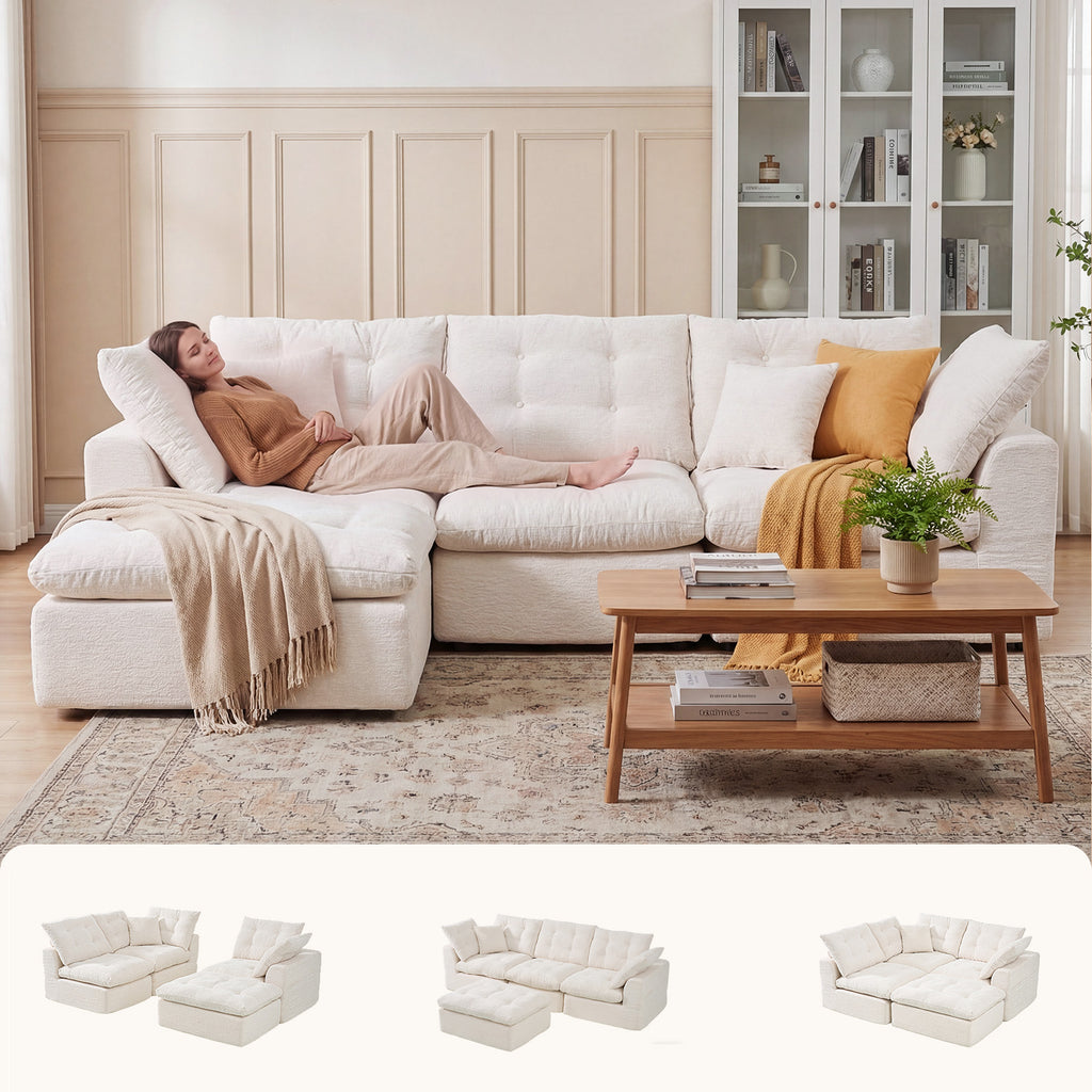 Nordivale 112" Boneless Couch Chenille Cloud Couch Oversized Modular Sectional Sofa with Storage Pockets for Living Room, Bedroom, No Assembly Required, L-shape with Ottoman+3 Seater (Beige)